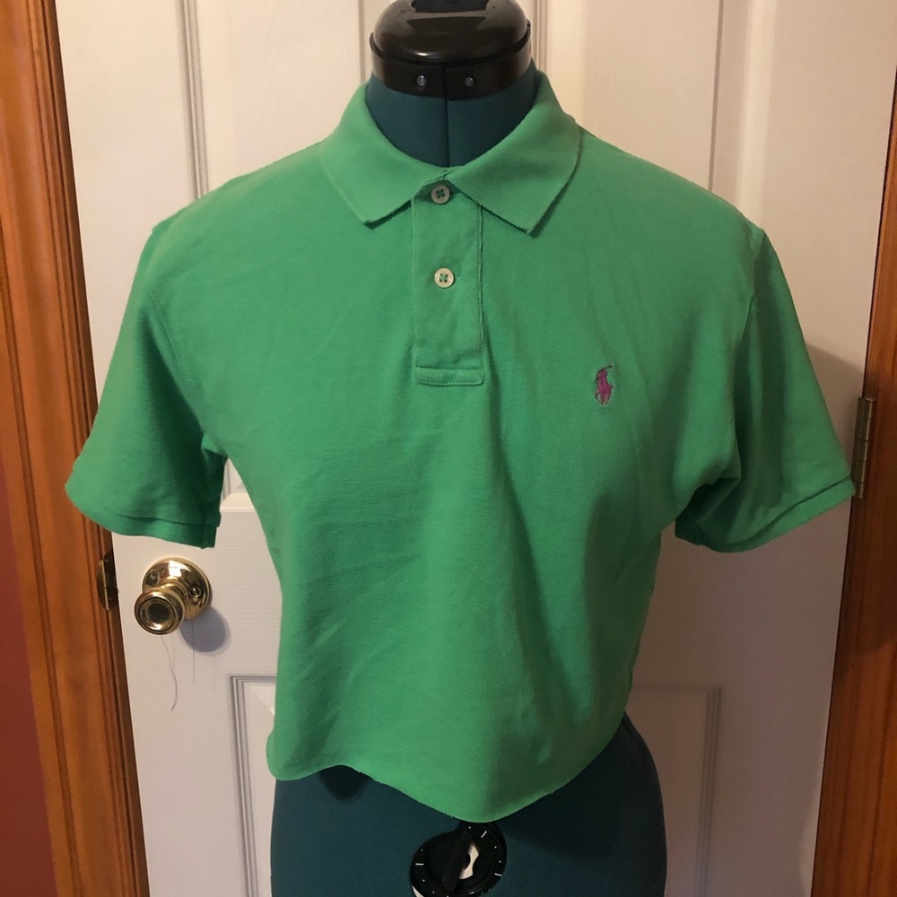 Green w/ pink cropped Ralph Lauren polo shirt XL